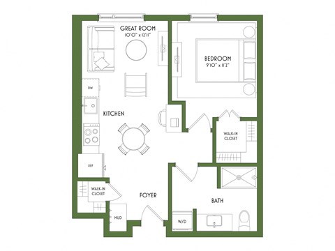Floor plan for 1 bed, 1 bath, 741 sqft